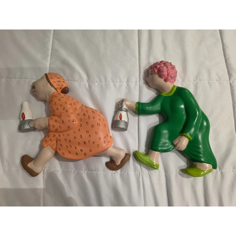 Vintage Ceramic Wall Folk Art Set Race to the Outhouse Set of 2